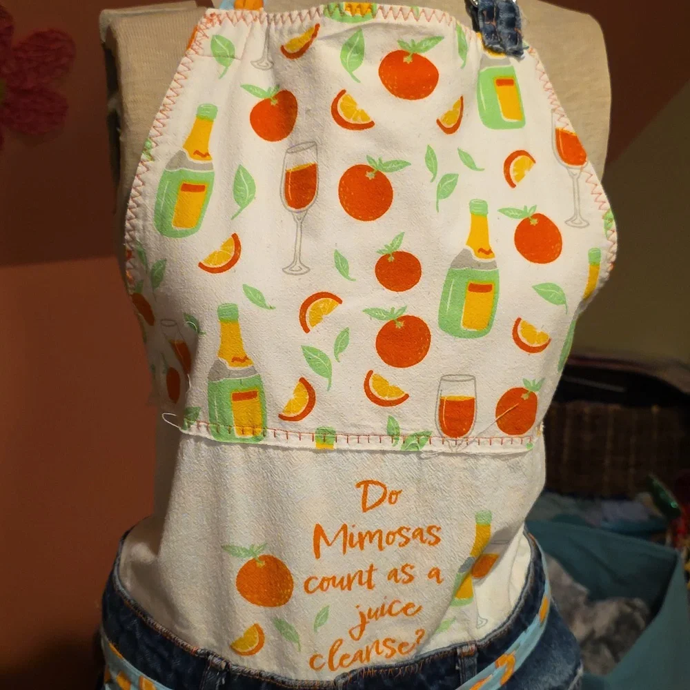 Upcycled Apron Juice Cleans Oranges & Champagne Mimosa  Blue Denim Jeans